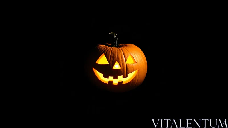 Carved jack o lantern glows against dark black background.