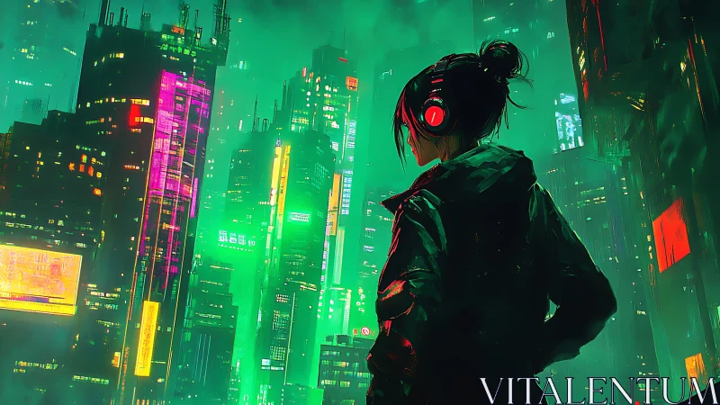 Cyberpunk wanderer observes neon-soaked skyline in silence.
