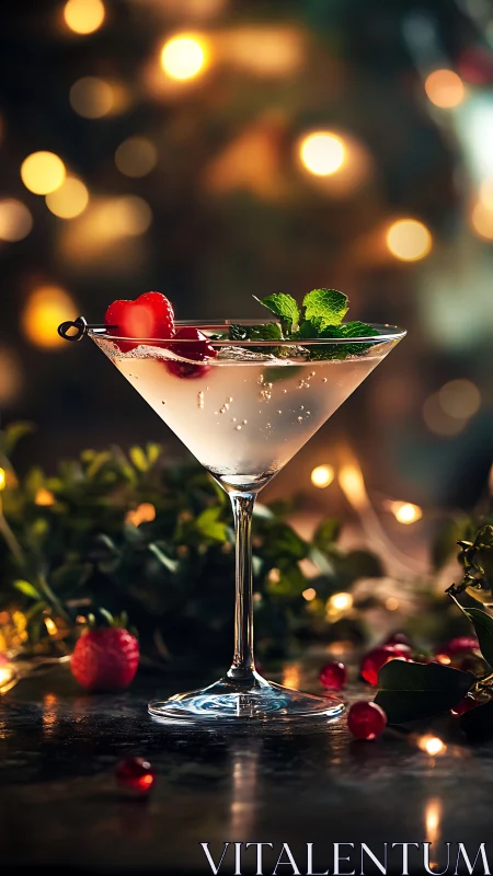 Cocktail in coupe glass with garnish and bokeh lighting.