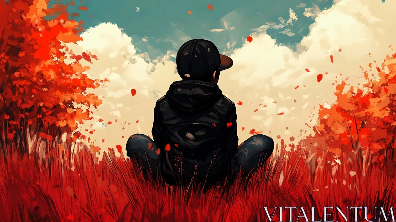 Autumn daydream kid in a crimson field of quiet storms.