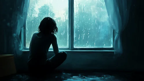Digital painting of solitary figure at rain-soaked window frame.