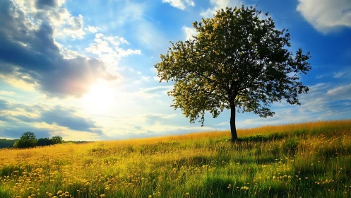 Solitary tree on golden meadow under expansive sunlit sky.