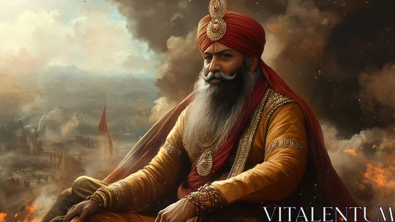 Regal warrior king sits calm amid burning battlefield skies