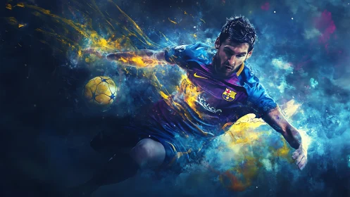 Starlit striker carving galaxies from a blazing football storm.