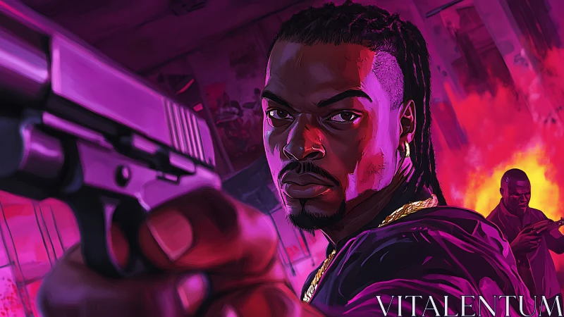 Digital portrait shows armed man in neon-lit interior space