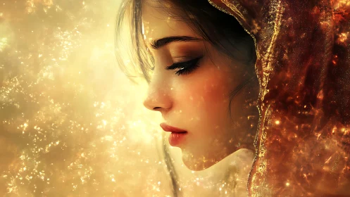 Mystical female profile glows within golden cosmic veil