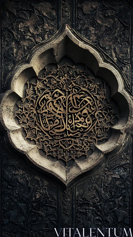 Intricate Arabic calligraphy rests in an ornate stone medallion