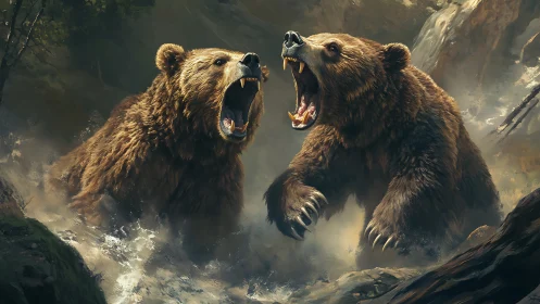 Confronting grizzly bears roaring in turbulent forest stream