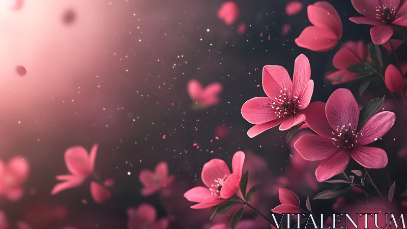 Pink Blossoms Floating Through Starlit Darkness.