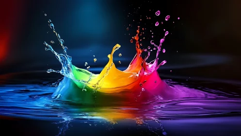 Chromatic liquid splash exploding across dark water surface.