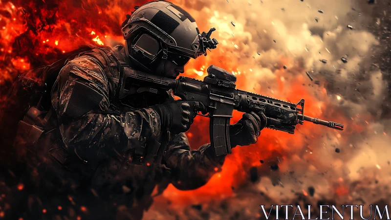 Combat soldier charging through explosive battle chaos.