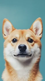 Calm shiba portrait gazes ahead in teal studio hush.