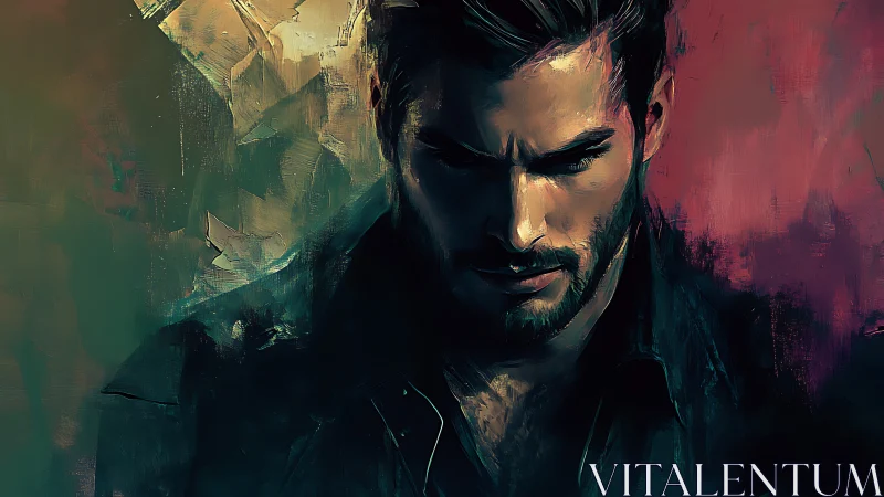 Brooding nightwalker framed in fractured neon silence.