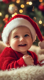 Smiling baby in Santa hat glows under warm Christmas lights.