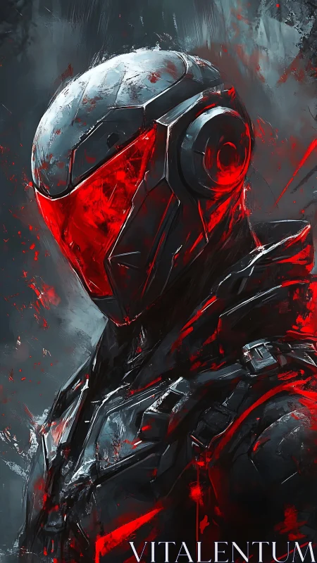 Cybernetic soldier with red visor stands in dark atmosphere
