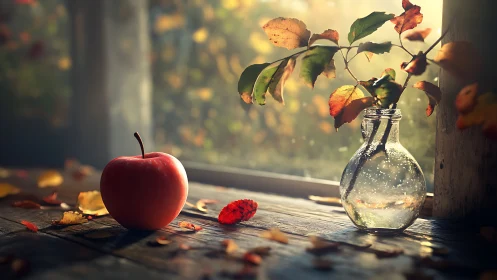 Autumn window still life with ruby apple and glowing leaves.