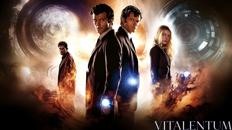 Three suited figures stand amid cosmic vortexes and fire