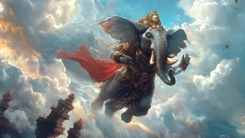 Divine armored elephant soaring through luminous skyscape.