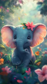 Baby elephant sits in flower field under soft forest light