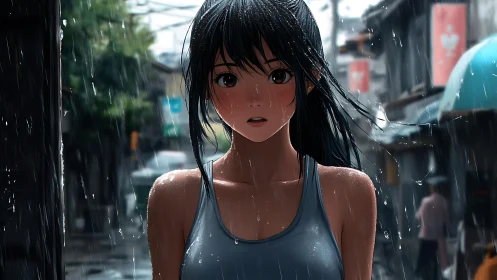Anime girl stands soaked in city street during heavy rain.