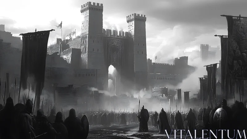 Siege-born shadows march on a storm-veiled iron citadel.
