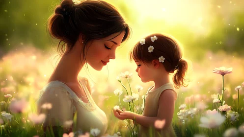 Mother and child in field with flowers and golden light.