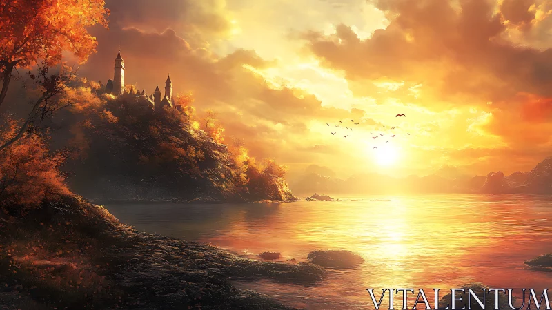 Castle crowns forested hill above lake at fiery sunset