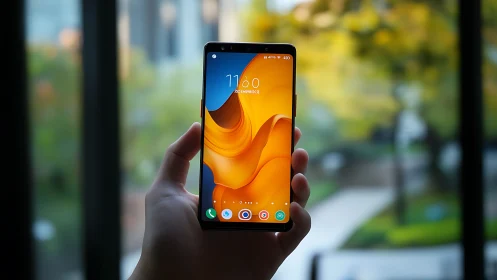 Smartphone displaying orange wallpaper outdoors.
