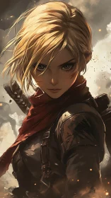 Blonde warrior with red scarf in smoky battlefield portrait.