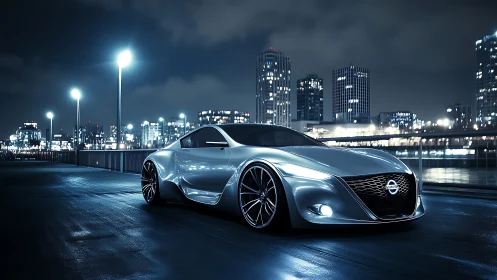 Futuristic Nissan concept car glides through a neon cityscape at night.