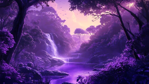 Enchanted violet waterfall forest glowing at twilight.