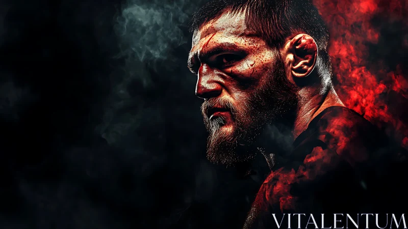 Scarred fighter profile under red smoke battle light.