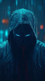 Hooded neon vigilante emerging through rain-soaked shadows.
