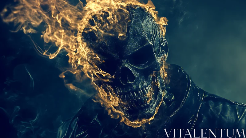 Flaming skull figure with leather jacket in dark setting.