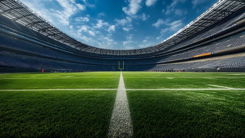 Panoramic pro football stadium under clear blue sky.
