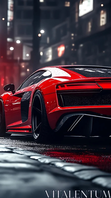 Red mid‑engine supercar on wet neon city street at night