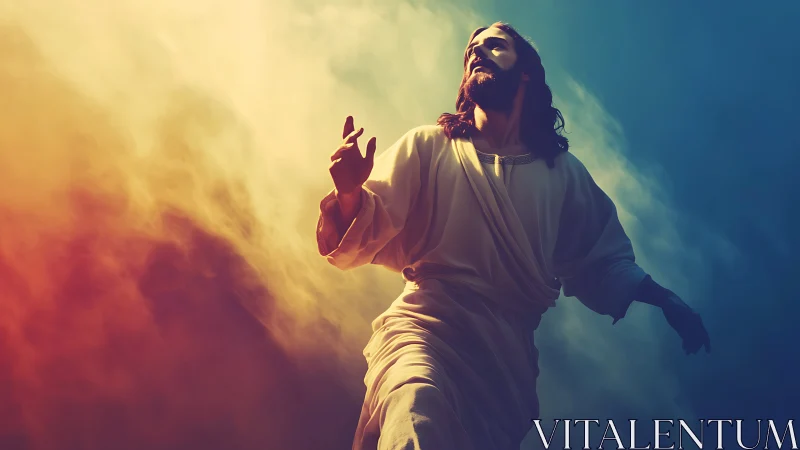 Radiant robed figure ascending through prismatic celestial light.