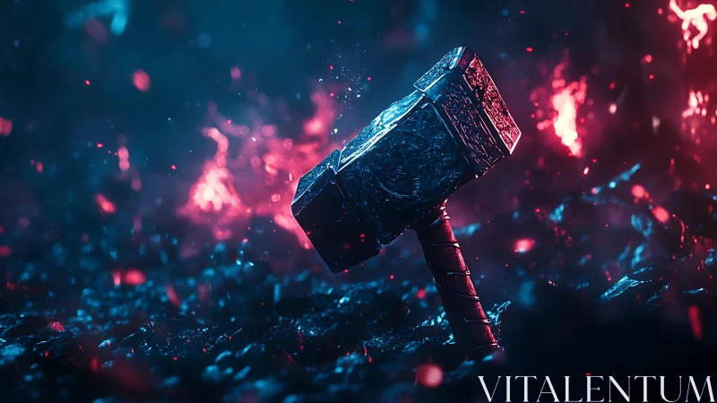 Mythic war hammer in glowing red and blue embers.