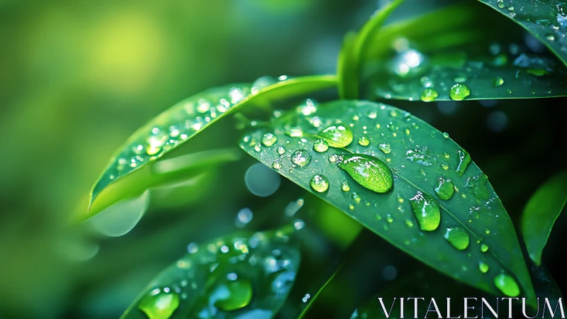 Glistening dew on lush green leaves in soft morning light.