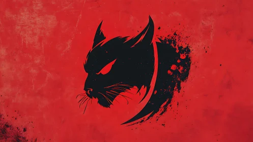 Feral black cat profile on distressed crimson backdrop.