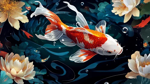 Radiant koi gliding through luminous lotus pond nightscape.