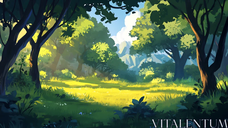 Sunlit Forest Gateway Beckons Through Ancient Towering Trees