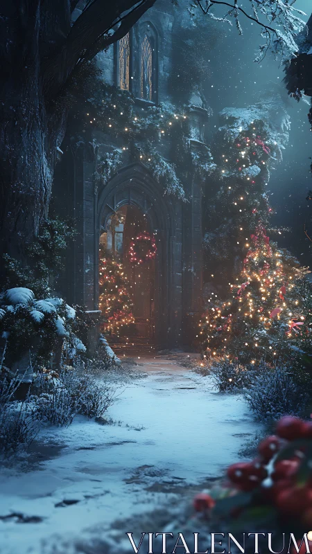 Snow-covered church entrance displays winter holiday lights