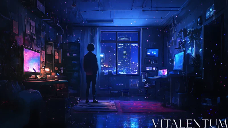 Solitary silhouetted gamer surveys neon city through studio window