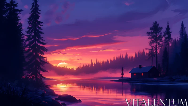 Vibrant lakeside sunset with cabin and pine forest skyline.