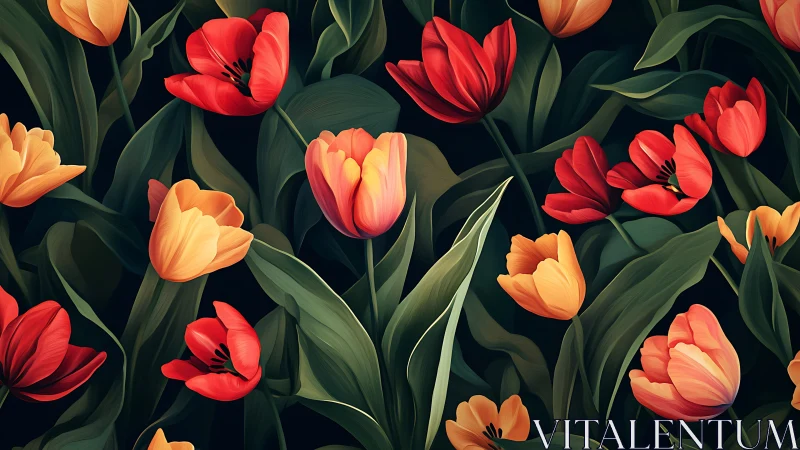 Digitally Rendered Tulip Arrangement with Chromatic Stratification and Botanical Accuracy