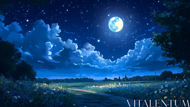 Moonlit countryside field under deep blue starry night sky.