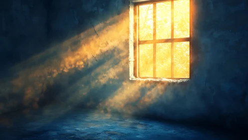 Sunlit window casting golden rays into dark room.