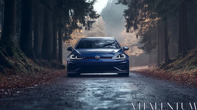 Volkswagen hatchback sits centered on wet forest road at dusk