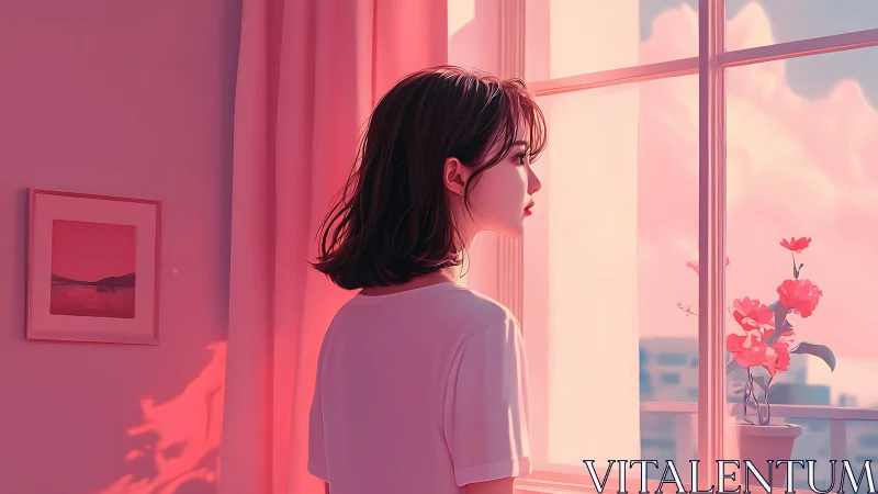 Side-lit girl at window under uniform pink atmospheric scattering